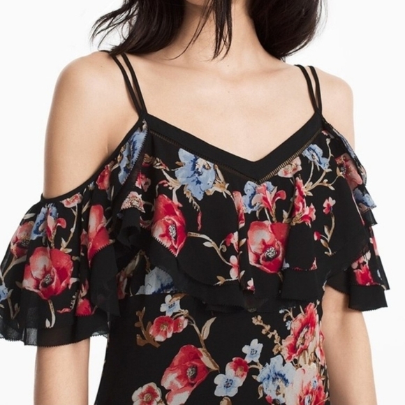 WHBM Black Elegant Boho Floral Embroidered Cold Shoulder Ruffled Maxi Dress Sz 6 - Picture 6 of 16